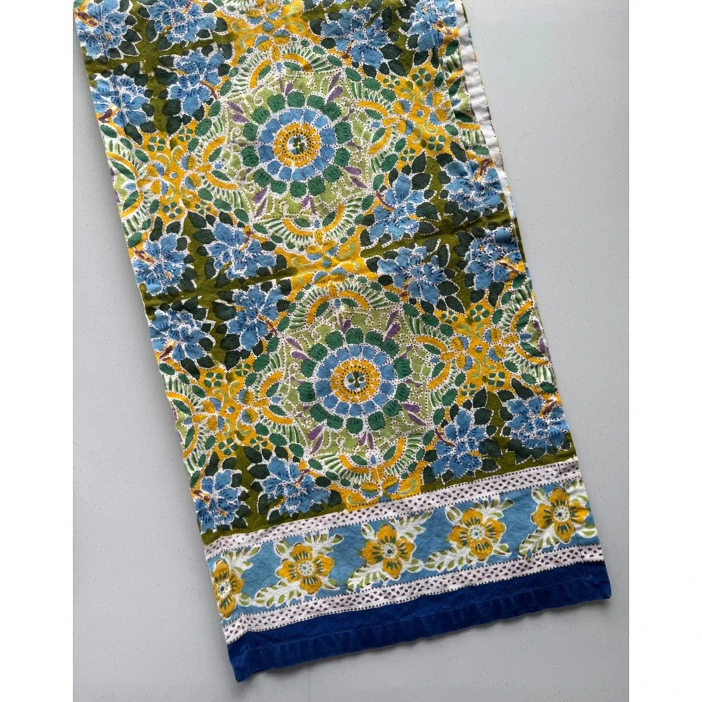 Pottery Barn Table Runner Floral Bright Boho Blue Green Yellow Cotton 18